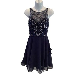Blondie Nites Navy Homecoming Holiday Party Dress Blue Silver Sequins Size 1 New